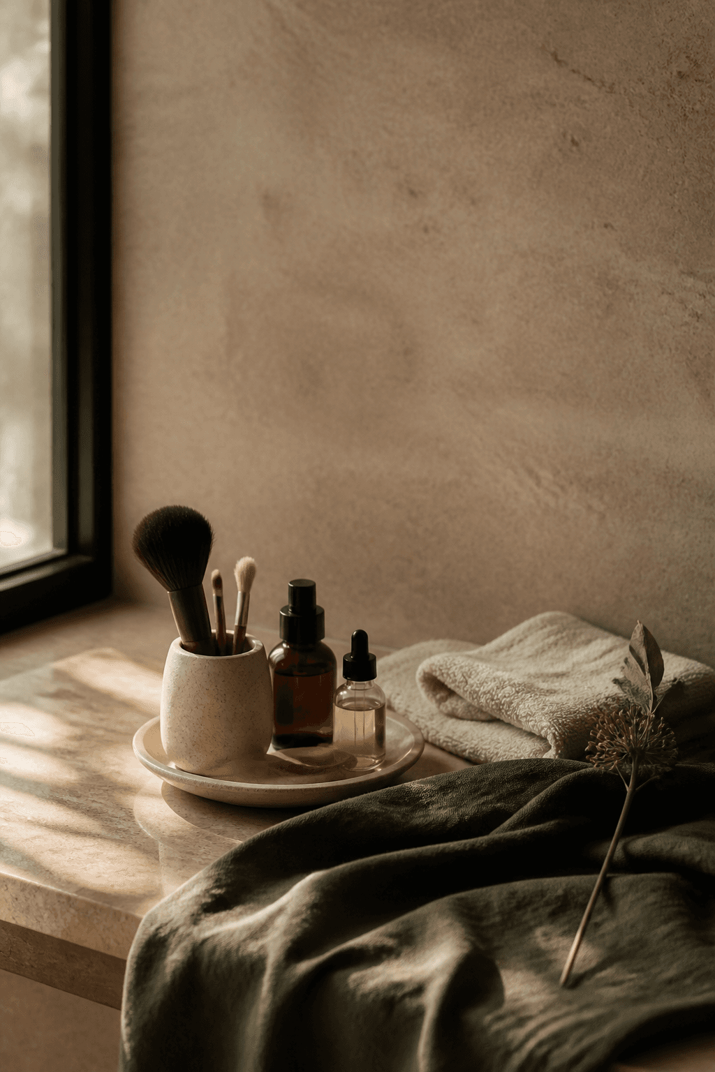 Beauty brushes, unlabeled bottles, a folded cream towel and a botanical stem on stone