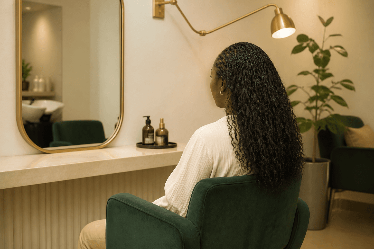 Woman with natural textured hair seated at a warm cream and forest green styling station