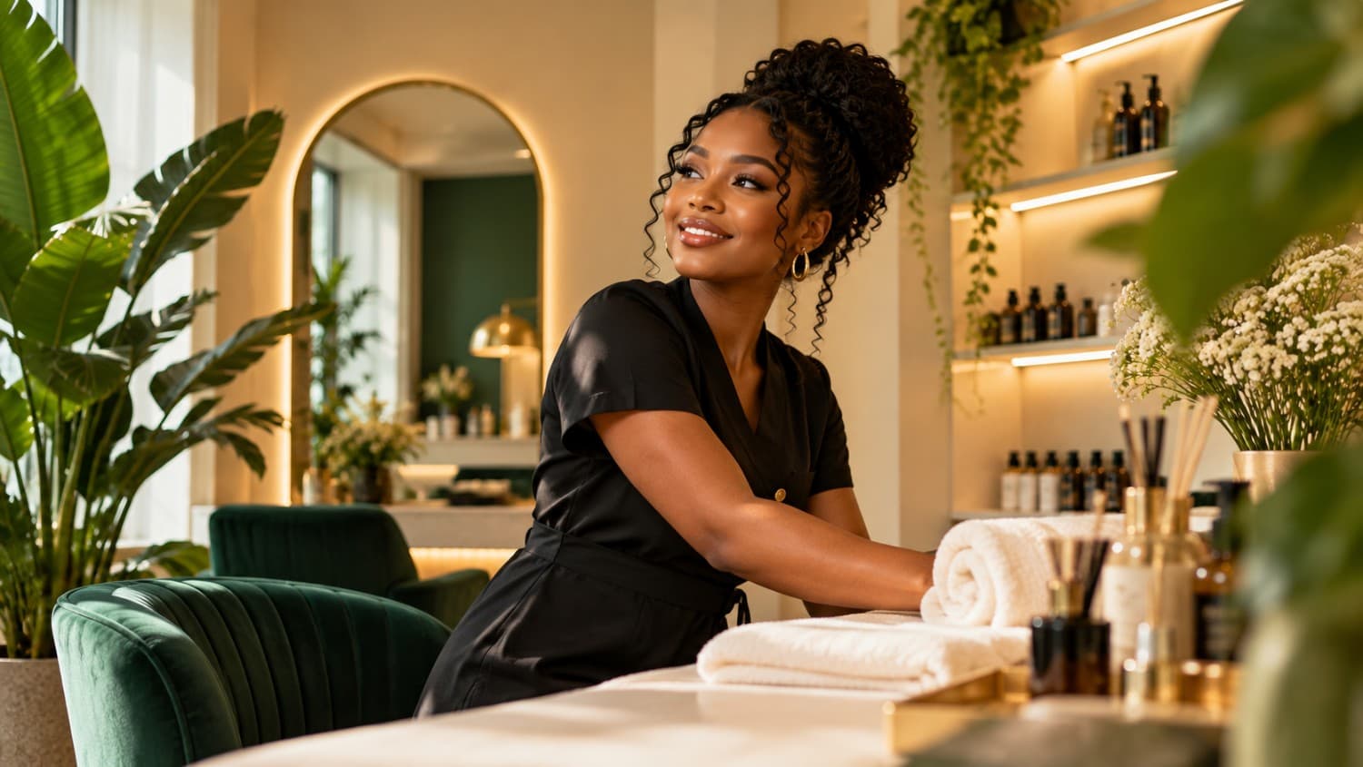 Woman with natural textured hair seated at a warm cream and forest green styling station
