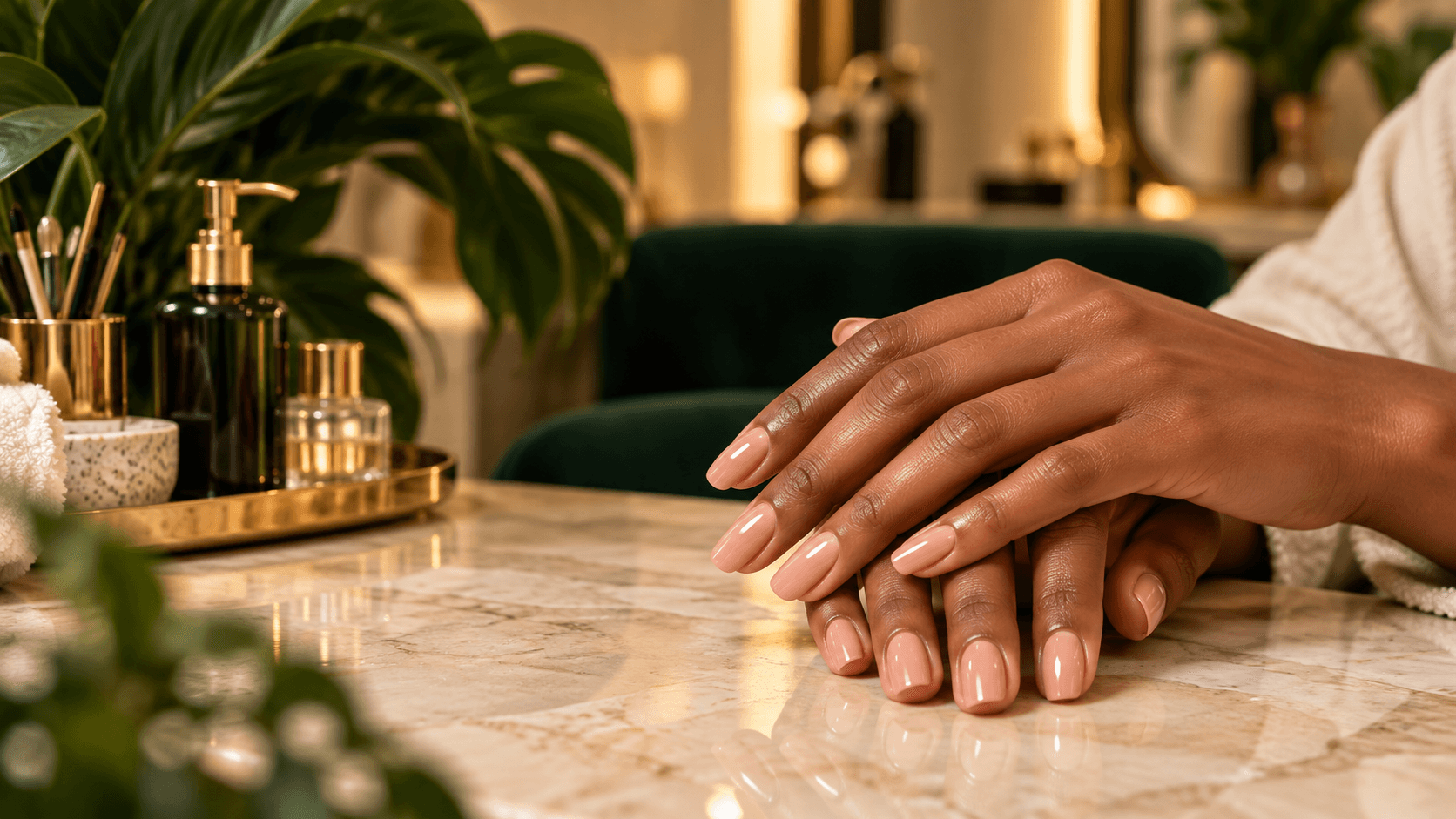 Natural nude manicure resting on a warm stone table