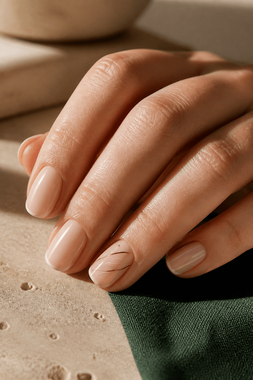 Close detail of a nude manicure with delicate line work on natural nails