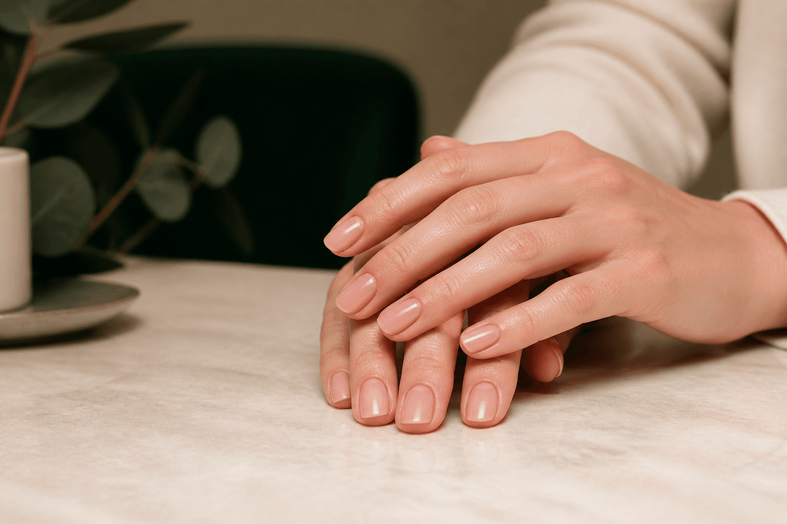 Natural human hands with a soft nude manicure resting on a warm stone table