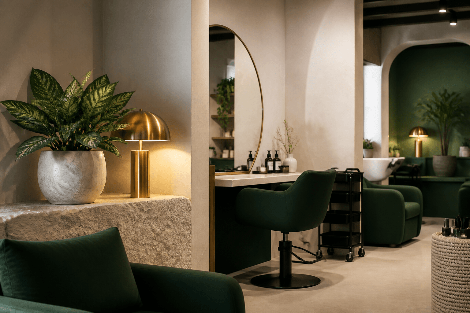 Boutique salon reception and styling area with stone, brass, plants and green upholstery