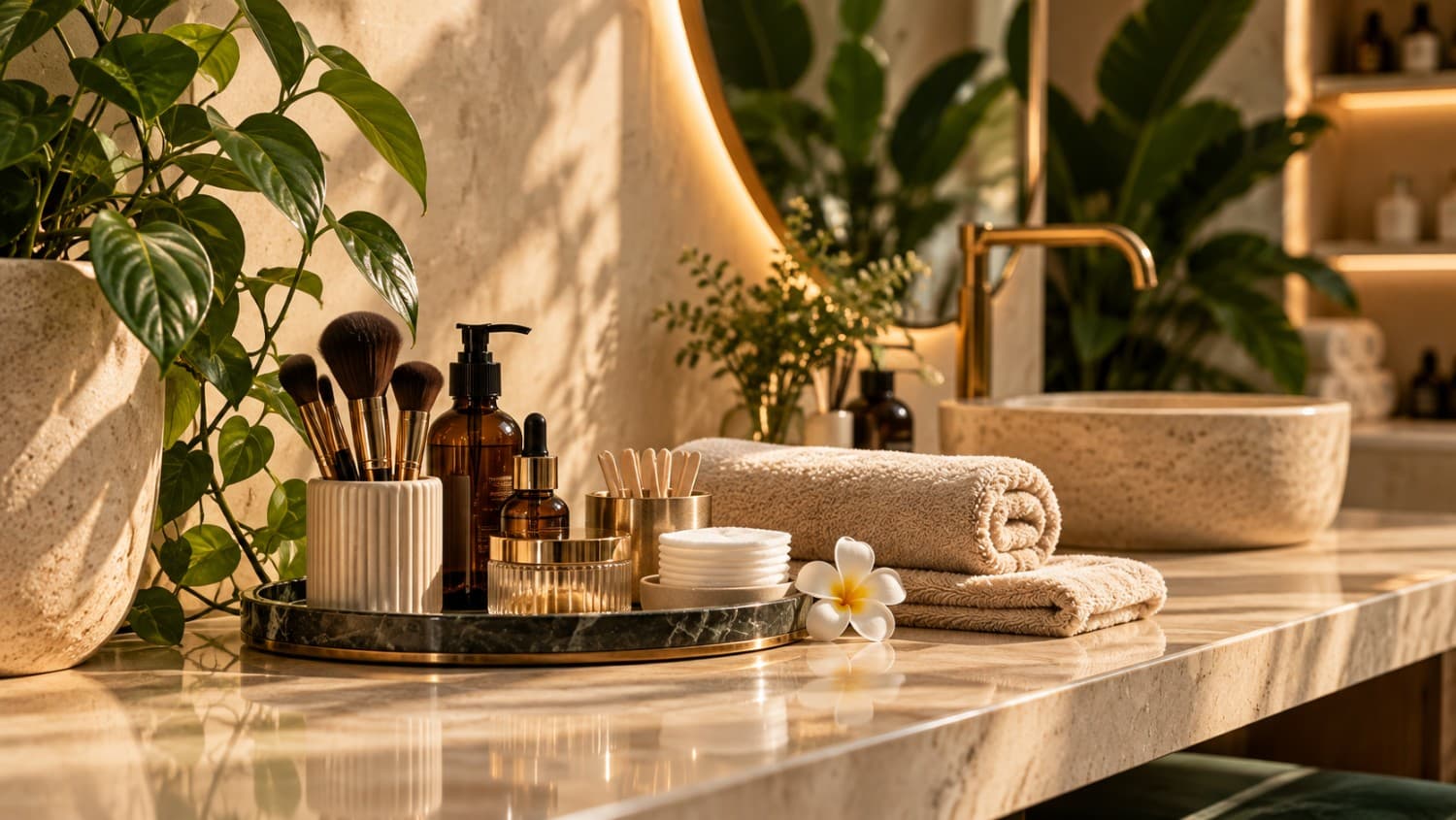 Beauty brushes, unlabeled bottles, a folded cream towel and a botanical stem on stone