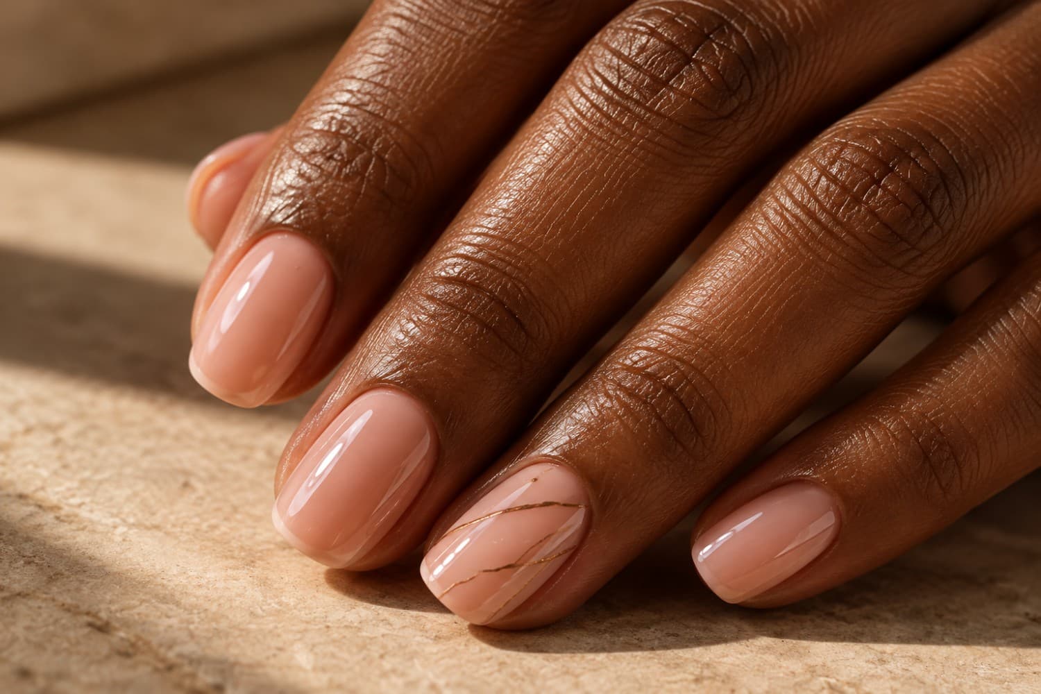 Close detail of a nude manicure with delicate line work on natural nails