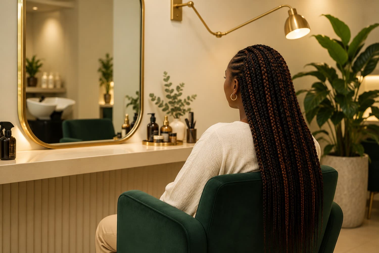 Woman with natural textured hair seated at a warm cream and forest green styling station